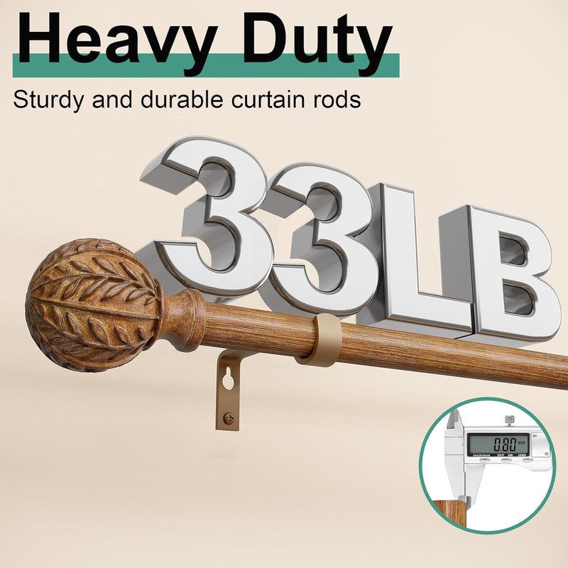 QDWIS Boho Wood Curtain Rods for Windows 72 to 144 inch,1" Adjustable Heavy Duty Window Curtain Rod with Imitation Wood Grain Finials,Rustic Decorative Drapery Rods Set,Size:36-150'',Natural Wood - Image 4